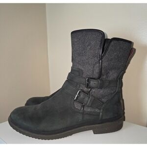 Ugg Boots Womens 8 Black Leather Simmens Shearling Waterproof Mid Calf Moto Bike